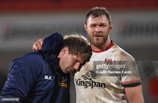 Belfast , United Kingdom - 27 January 2023; Evan Roos of DHL Stormers and Duane Vermeulen of Ulster after the United Rugby Championship match between...