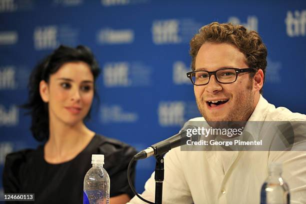 Actors Sarah Silverman and Seth Rogen speak onstage at "Take This Waltz" Press Conference during 2011 Toronto International Film Festival at TIFF...