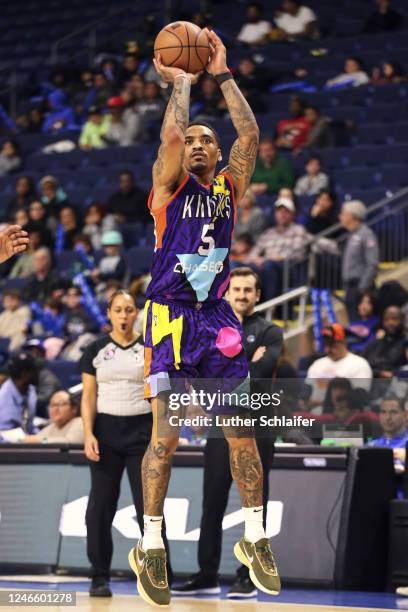 DaQuan Jeffries of the Westchester Knicks shoots a three pointer during the game against the Iowa Wolves on January 22, 2023 in Bridgeport, CT. NOTE...