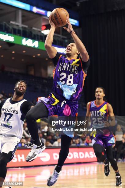 Obadiah Noel of the Westchester Knicks drives to the basket during the game against the Iowa Wolves on January 22, 2023 in Bridgeport, CT. NOTE TO...