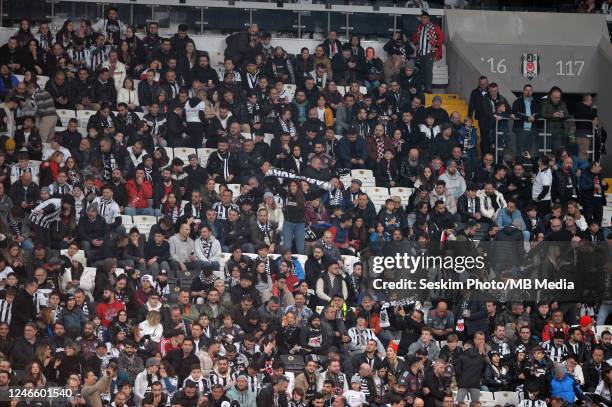 Fans of Besiktas during the Super Lig match between Besiktas and Alanyaspor at Vodafone Park on January 27, 2023 in Istanbul, Turkey.