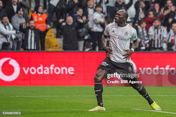 Vincent Aboubakar of Besiktas celebrates the second goal during the Turkish Super Lig match between Besiktas and Alanyaspor at Vodafone Stadium on...