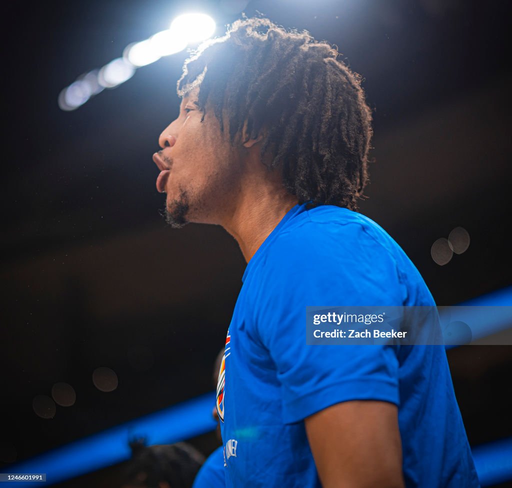 Jaylin Williams of the Oklahoma City Thunder looks on during the game ...