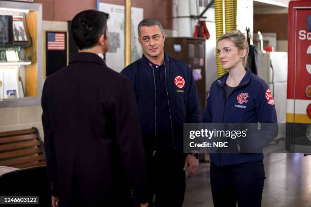 The Man of the Moment" Episode 1113 -- Pictured: Assaf Cohen as Alexander, Taylor Kinney as Kelly Severide, Kara Killmer as Sylvie Brett --