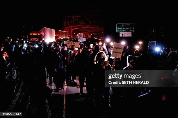 Protesters block traffic as they rally against the fatal police assault of Tyre Nichols, in Memphis, Tennessee, January 27,2023. - The US city of...