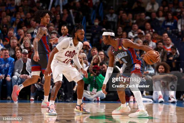 Shai Gilgeous-Alexander of the Oklahoma City Thunder dribbles the ball during the game against the Cleveland Cavaliers on January 27, 2023 at Paycom...