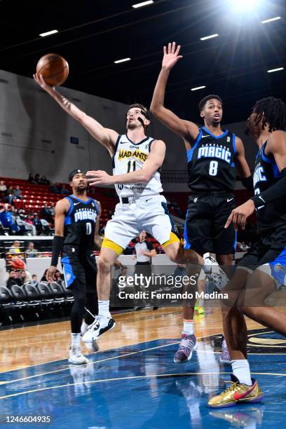 David Stockton of the Ft. Wayne Mad Ants shoots a layup against Robert Baker II of the Lakeland Magic during the game on January 27, 2023 at RP...