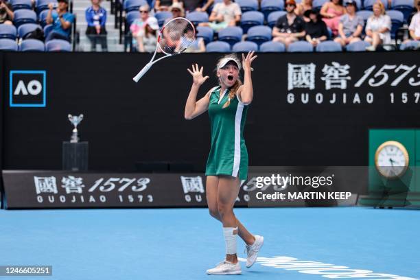 Russia's Alina Korneeva celebrates after victory against Russia's Mirra Andreeva during the junior girls' singles final on day thirteen of the...