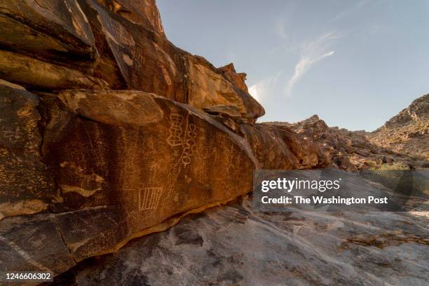 Petroglyphs in Hiko Springs Canyon, a creek with cultural significance to the tribes of the area, in Laughlin, Nevada, November 17, 2020.