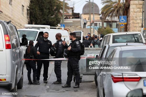 Israeli security forces gather in Jerusalem's predominantly Arab neighbourhood of Silwan, where an assailant reportedly shot and wounded two people,...