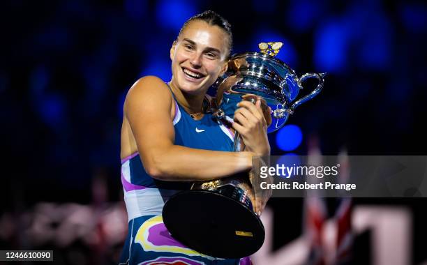 Aryna Sabalenka of Belarus poses with the champions trophy after defeating Elena Rybakina of Kazakhstan in the womens singles final on Day 13 of the...