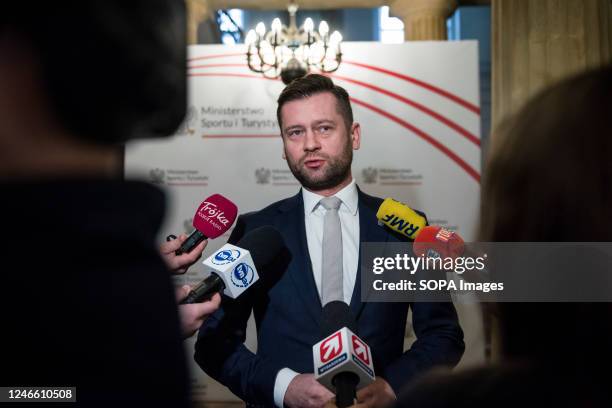 Kamil Bortniczuk, the Minister of Sport and tourism is seen at his headquarters during a press conference. The press conference was for the 3rd...