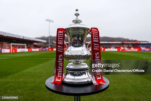 General view of the FA Cup trophy before the FA Cup Fourth Round match between Accrington Stanley and Leeds United at Wham Stadium on January 28,...