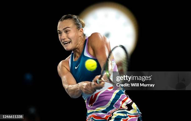 Aryna Sabalenka plays a backhand in the Womens Singles Final match against Elena Rybakina of Kazakhstan during day 13 of the 2023 Australian Open at...