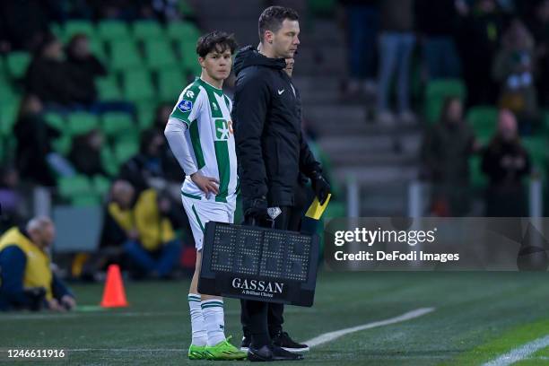 Thom van Bergen of FC Groningen substitution during the Dutch Eredivisie match between FC Groningen and SC Cambuur at Euroborg on January 26, 2023 in...