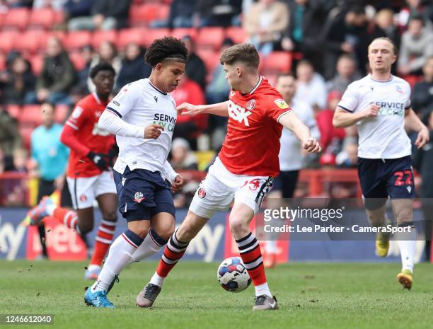 Bolton Wanderers' Shola Shoretire is fouled by Charlton Athletic's Lucas Ness during the Sky Bet League One between Charlton Athletic and Bolton...