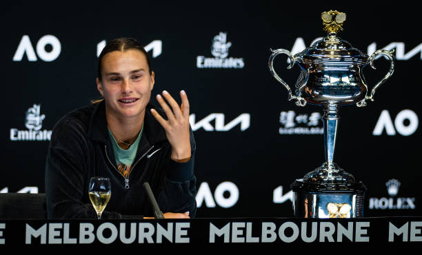 Aryna Sabalenka of Belarus talks to the media after defeating Elena Rybakina of Kazakhstan in the womens singles final on Day 13 of the 2023...