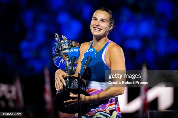 Champion Aryna Sabalenka of Belarus during the trophy ceremony after defeating Elena Rybakina of Kazakhstan in the womens singles final on Day 13 of...