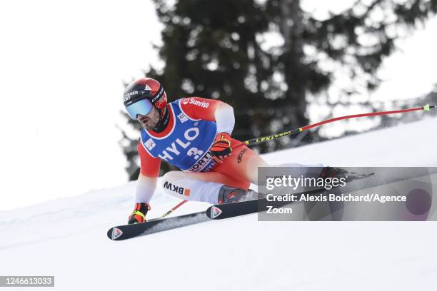 Loic Meillard of Team Switzerland competes during the FIS Alpine Ski World Cup Men's Super G on January 28, 2023 in Cortina d'Ampezzo, Italy.