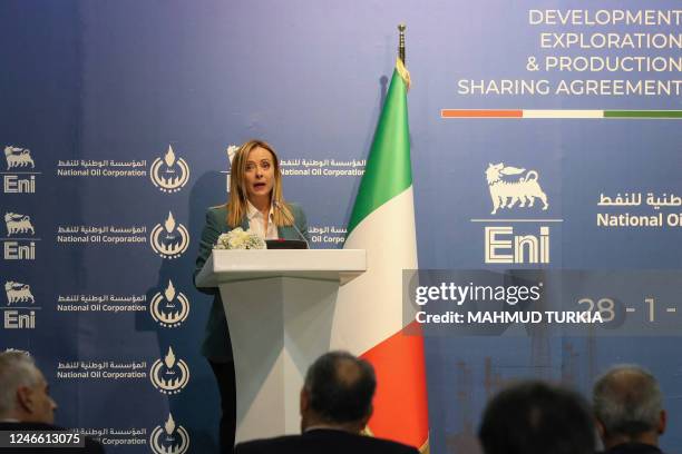 Italy's Prime Minister Giorgia Meloni and Libya's Tripoli-based Prime Minister Abdulhamid Dbeibah hold a joint press conference in the Libyan...