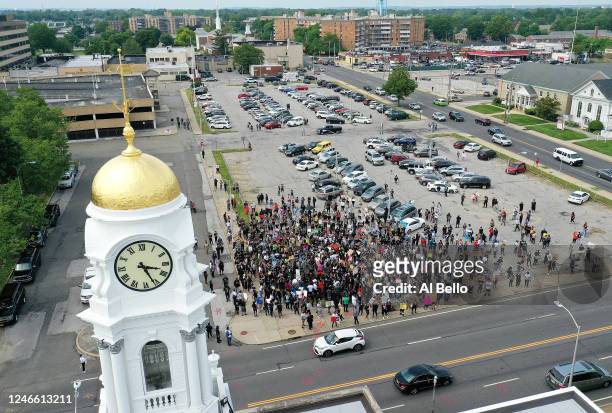 An aerial view of protesters gathered at Town Hall on June 05, 2020 in Hempstead, New York. Minneapolis Police officer Derek Chauvin was filmed...