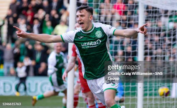 Hibs' Josh Campbell celebrates his goal to make it 1-0 during a cinch Premiership match between Hibernian and Aberdeen at Easter Road, on January 28...