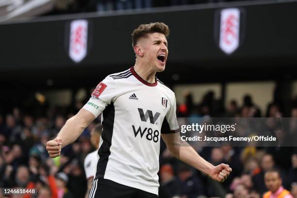 Tom Cairney of Fulham celebrates their first goal during the FA Cup Fourth Round match between Fulham and Sunderland at Craven Cottage on January 28,...