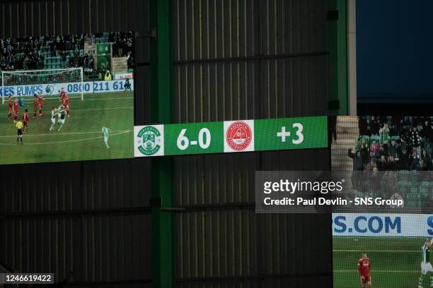 General view of the scoreboard during a cinch Premiership match between Hibernian and Aberdeen at Easter Road, on January 28 in Edinburgh, Scotland.
