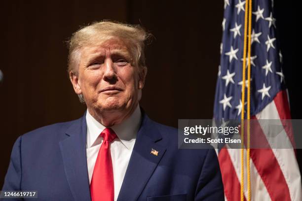 Former U.S. President Donald Trump speaks at the New Hampshire Republican State Committee's Annual Meeting on January 28, 2023 in Salem, New...