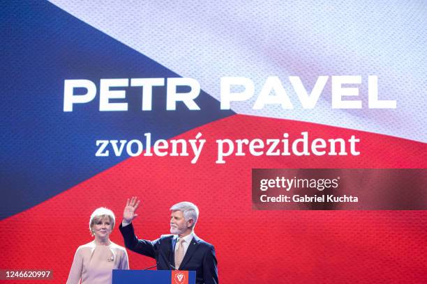 January 28: Czech Republic's President elect Petr Pavel with his wife Eva greets his supporters at his election headquarters after announcement of...