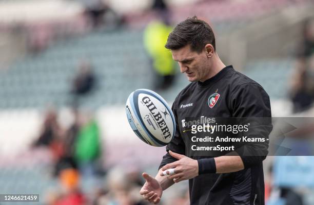 Leicester Tigers Freddie Burns warming up before the start of play during the Gallagher Premiership Rugby match between Leicester Tigers and...