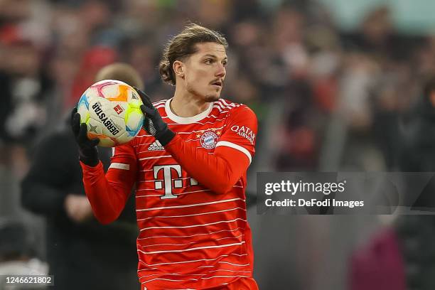 Marcel Sabitzer of Bayern Muenchen looks on during the Bundesliga match between FC Bayern München and Eintracht Frankfurt at Allianz Arena on January...