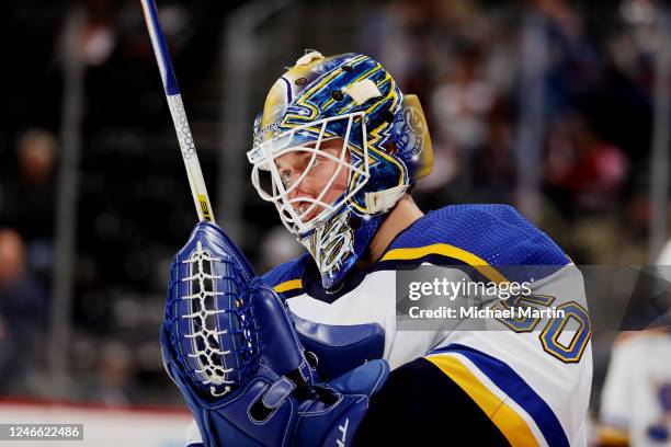 Goaltender Jordan Binnington of the St. Louis Blues skates prior to the game against the Colorado Avalanche at Ball Arena on January 28, 2023 in...