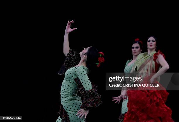 Flamenco dancer performs to present a creation by Molina during the Simof 2023 in Sevilla on January 28, 2023.