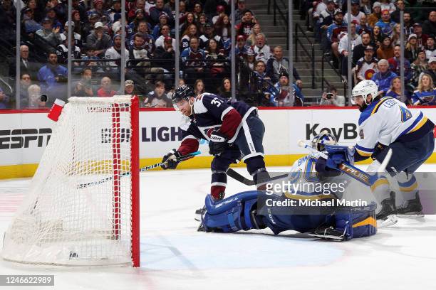 Compher of the Colorado Avalanche scores against the St. Louis Blues at Ball Arena on January 28, 2023 in Denver, Colorado.