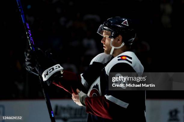 Mikko Rantanen of the Colorado Avalanche looks on prior to the game against the St. Louis Blues at Ball Arena on January 28, 2023 in Denver, Colorado.