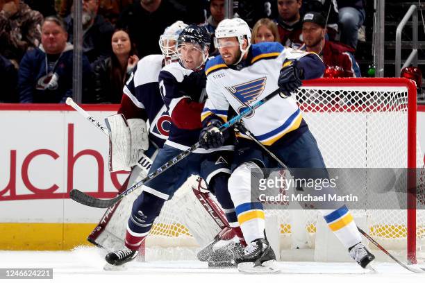 Brad Hunt of the Colorado Avalanche defends against Josh Leivo of the St. Louis Blues at Ball Arena on January 28, 2023 in Denver, Colorado.