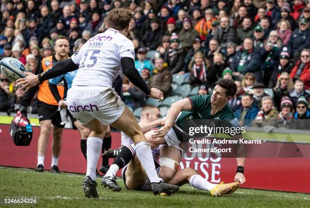 Leicester Tigers Freddie Burns offloads during the Gallagher Premiership Rugby match between Leicester Tigers and Northampton Saints at Mattioli...