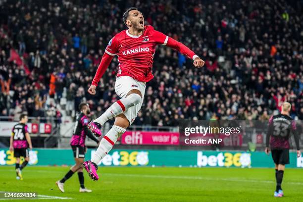 Vangelis Pavlidis of AZ Alkmaar celebrates the 3-2 during the Dutch premier league match between AZ Alkmaar and FC Utrecht at AFAS stadium on January...