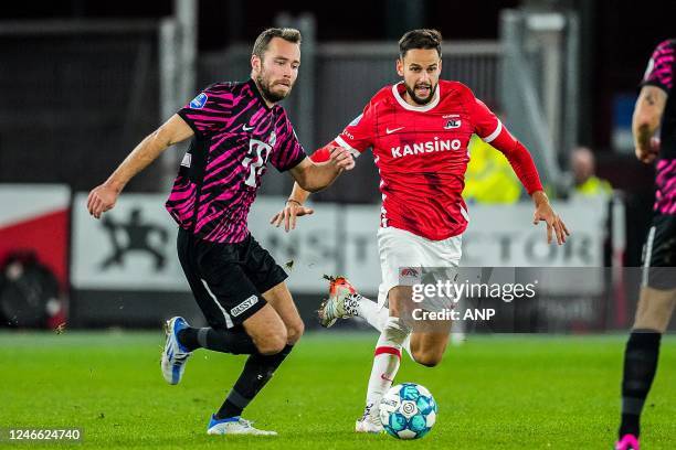 Sander van der Streek of FC Utrecht, Pantelis Hatzidiakos of AZ Alkmaar during the Dutch premier league match between AZ Alkmaar and FC Utrecht at...