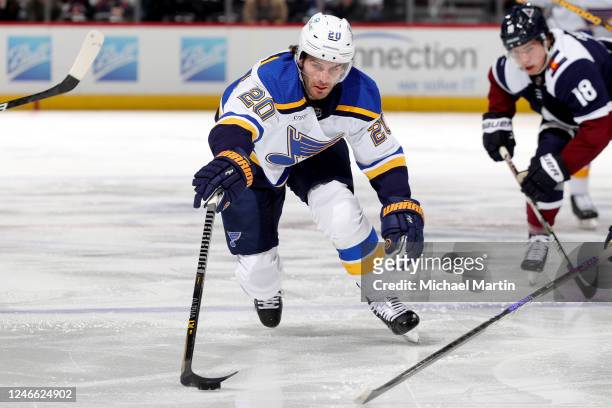 Brandon Saad of the St. Louis Blues skates against the Colorado Avalanche at Ball Arena on January 28, 2023 in Denver, Colorado.