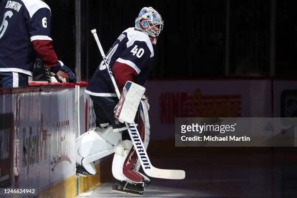 Goaltender Alexandar Georgiev of the Colorado Avalanche takes to the ice prior to the second period against the St. Louis Blues at Ball Arena on...