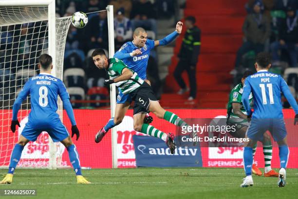 Gonçalo Inacio of Sporting CP, Pepe of FC Porto battle for the ball during the Allianz Cup match between Sporting CP and FC Porto at Estadio Jose...