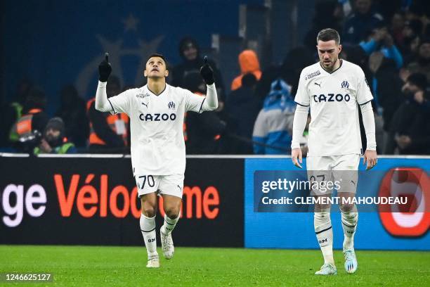 Marseille's Chilean forward Alexis Sanchez celebrates after scoring his team's first goal during the French L1 football match between Olympique de...