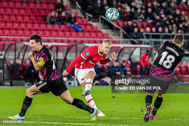 Alkmaar's dnish forward Jens Odgaard kicks the ball during the Dutch Eredivisie football match between AZ Alkmaar and FC Utrecht at the AZ Stadium in...