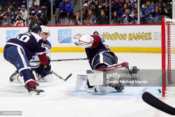 Brayden Schenn of the St. Louis Blues scores against the Colorado Avalanche at Ball Arena on January 28, 2023 in Denver, Colorado.