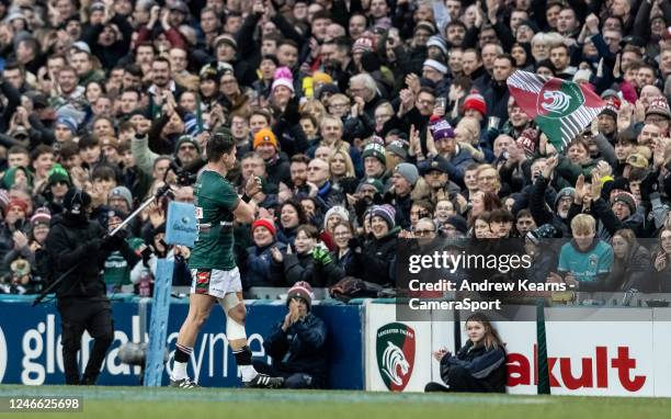 Freddie Burns applauds the supporters on being substituted on his last appearance for Leicester Tigers during the Gallagher Premiership Rugby match...