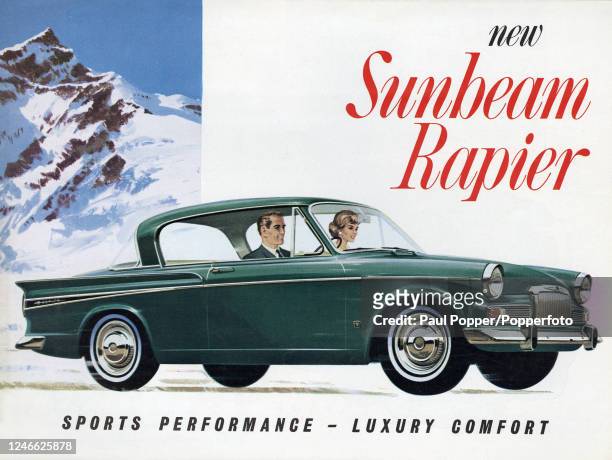 Vintage illustration advertising the Sunbeam Rapier motorcar, manufactured in Coventry, Warwickshire, and featuring a couple on a drive with...