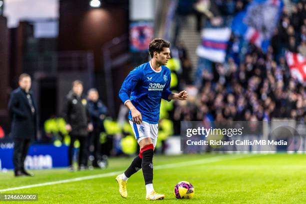 Ianis Hagi of Rangers on the ball during the Cinch Premiership match between Rangers and St Johnstone at Ibrox Stadium, on January 28 in Glasgow,...