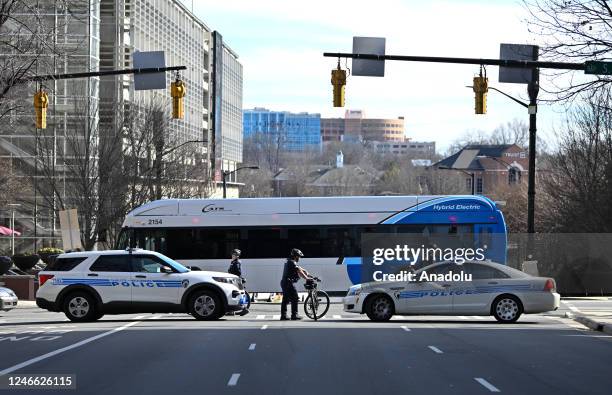 Security forces take measures as people gather to protest against the police violence following the killing of Tyree Nichols on in Memphis on January...